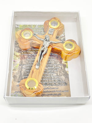 Olive Wood Byzantine Crucifix from the Holy Land with 4 Elements - Unique Catholic Gifts