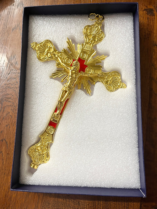 Gold with Red Background Wall Crucifix 12" - Unique Catholic Gifts