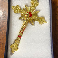 Gold with Red Background Wall Crucifix 12" - Unique Catholic Gifts
