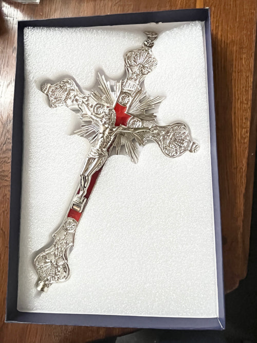 Silver with  Red Background Wall Crucifix 9" - Unique Catholic Gifts