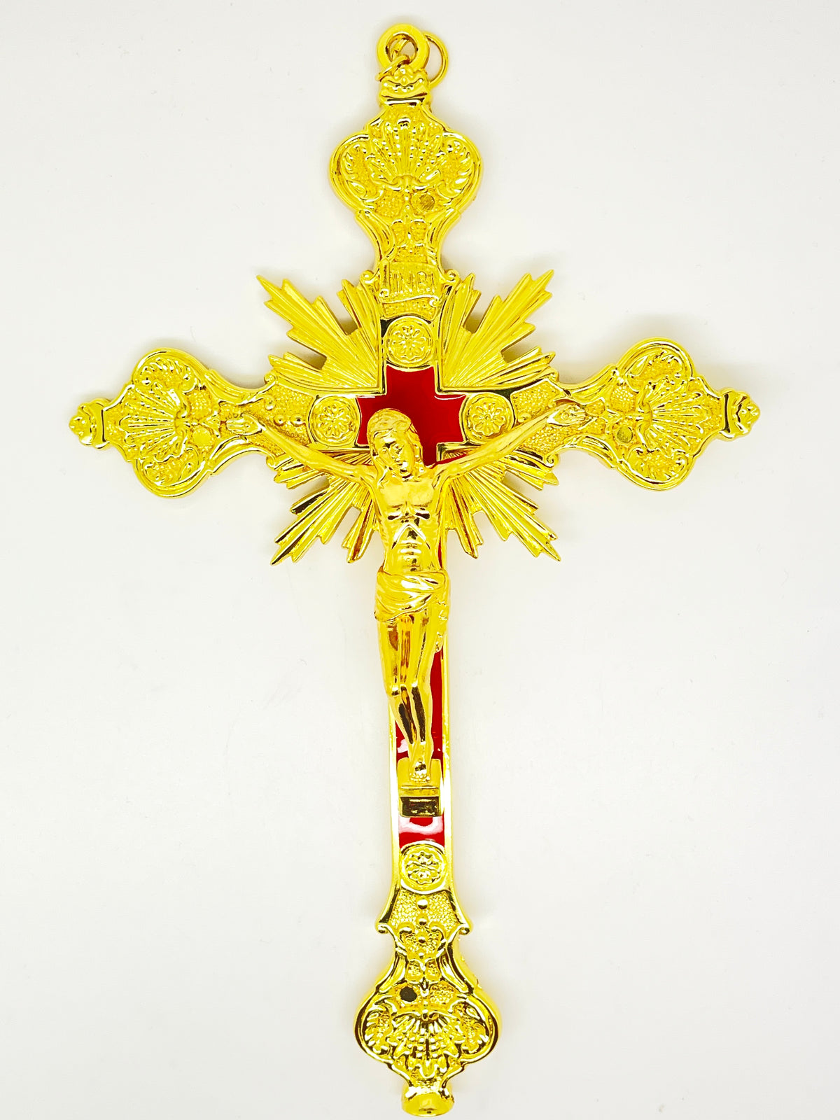 Gold with Red Background Wall Crucifix 12" - Unique Catholic Gifts