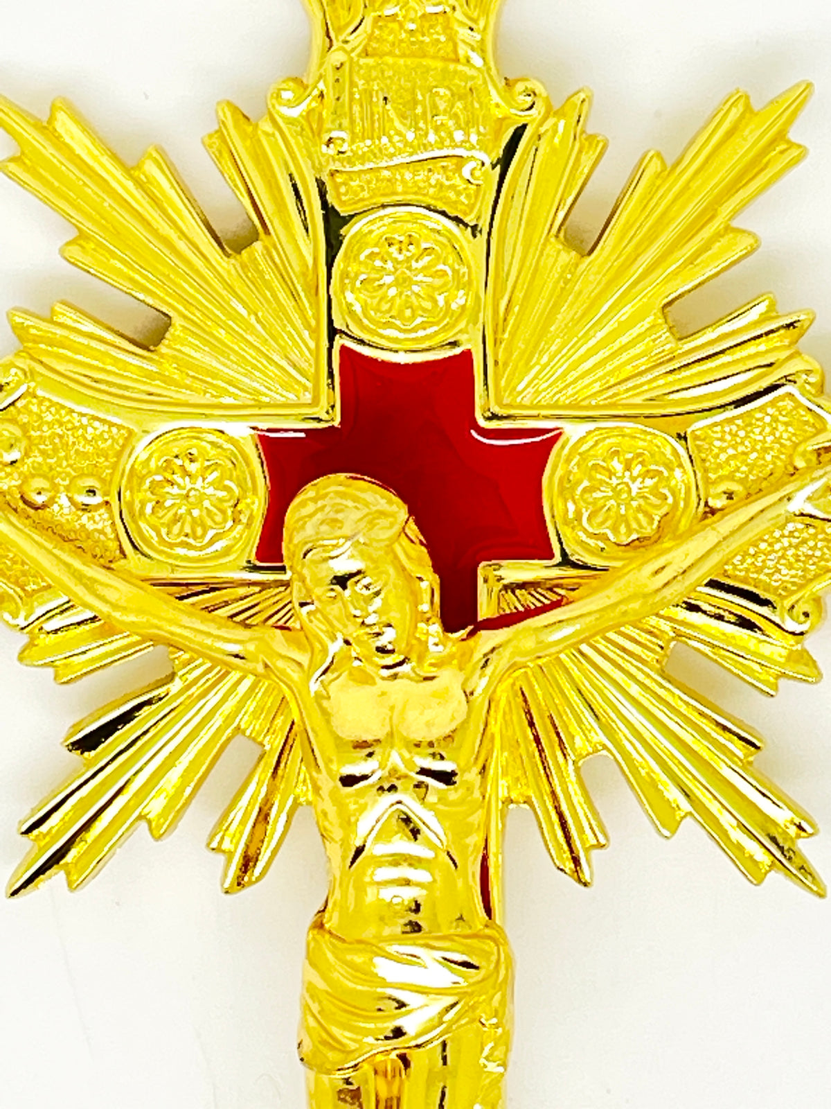 Gold with Red Background Wall Crucifix 12" - Unique Catholic Gifts