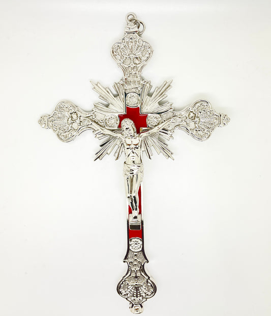 Silver with  Red Background Wall Crucifix 9" - Unique Catholic Gifts