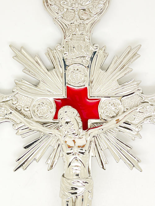 Silver with  Red Background Wall Crucifix 9" - Unique Catholic Gifts