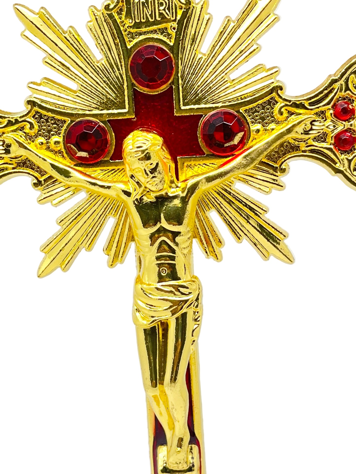 Gold and Red Standing Crucifix 9 1/2" - Unique Catholic Gifts