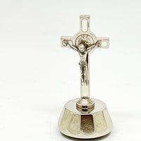 St. Benedict Auto Crucifix White Enamel and Silver 2 " - Unique Catholic Gifts