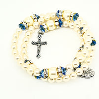 Pearl and Sapphire Full Rosary Wired Wrap Bracelet 6MM - Unique Catholic Gifts