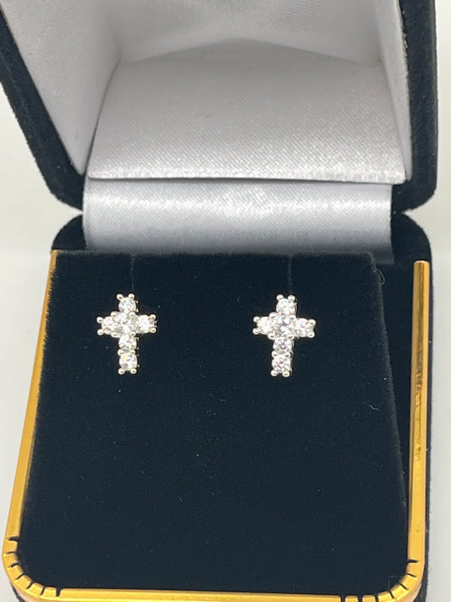 Cubic Zirconia and Sterling Silver Cross Earrings 1/2" - Unique Catholic Gifts