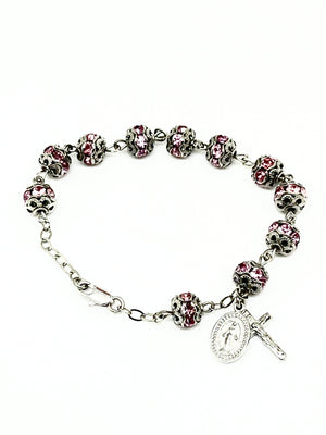 Pink Double Capped Crystal Rosary Bracelet 7MM - Unique Catholic Gifts