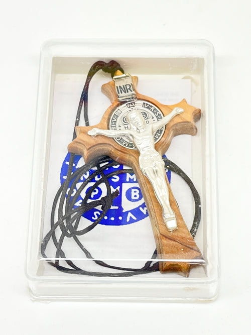 St. Benedict Crucifix Necklace Olive Wood 3" with Pamphlet - Unique Catholic Gifts