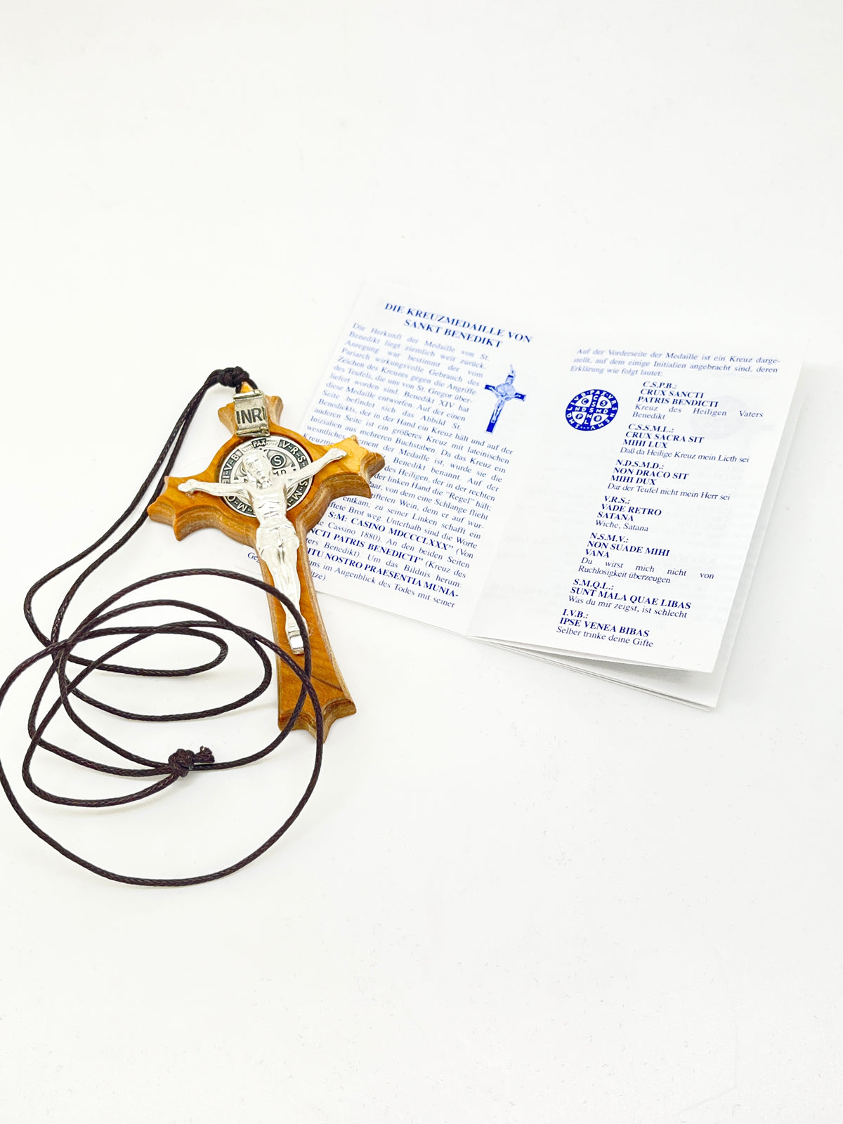 St. Benedict Crucifix Necklace Olive Wood 3" with Pamphlet - Unique Catholic Gifts