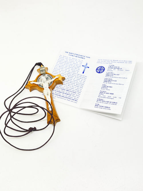 St. Benedict Crucifix Necklace Olive Wood 3" with Pamphlet - Unique Catholic Gifts