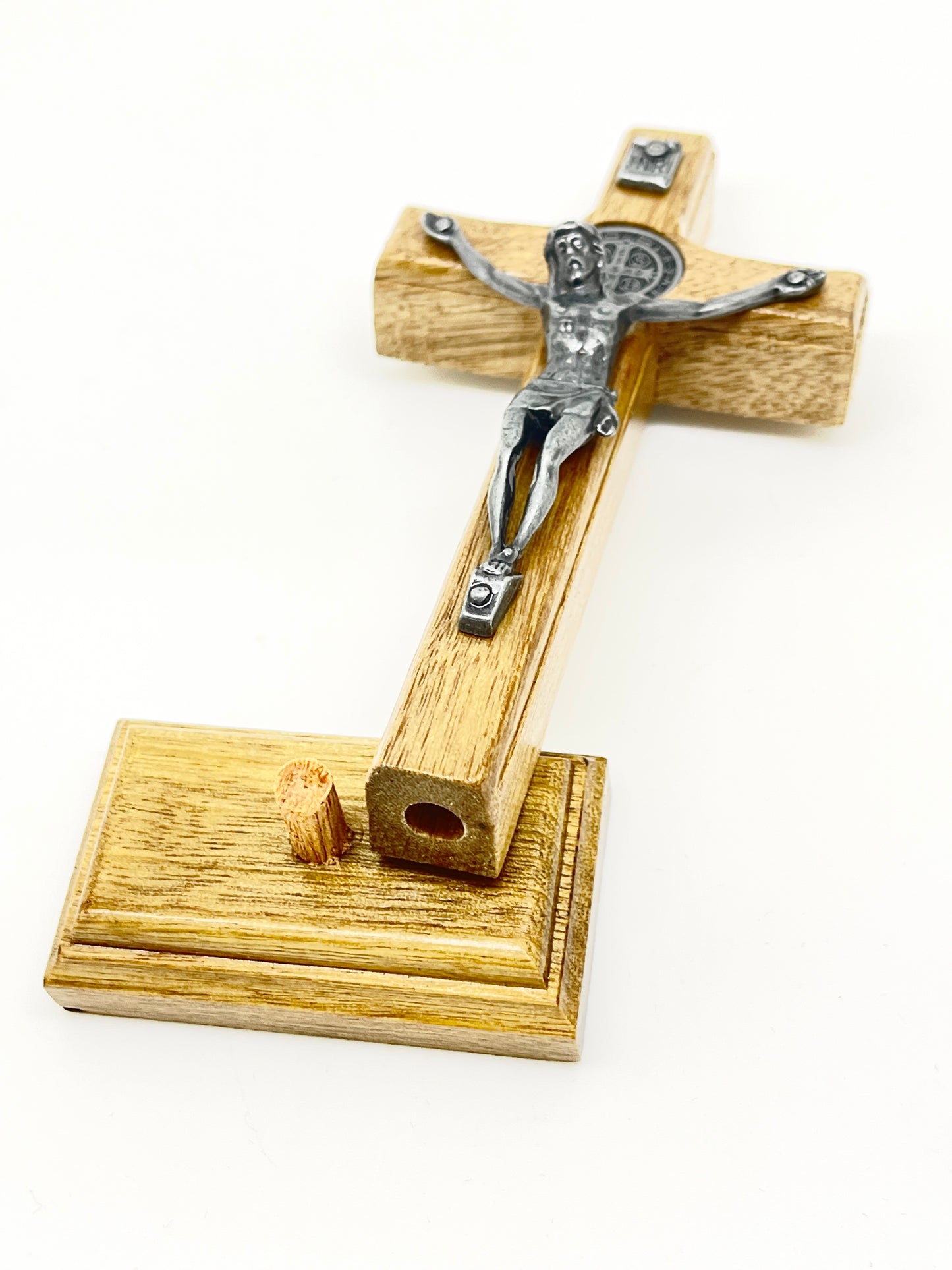 Wood and Antique Gold St. Benedict Standing Crucifix 5 1/2" - Unique Catholic Gifts