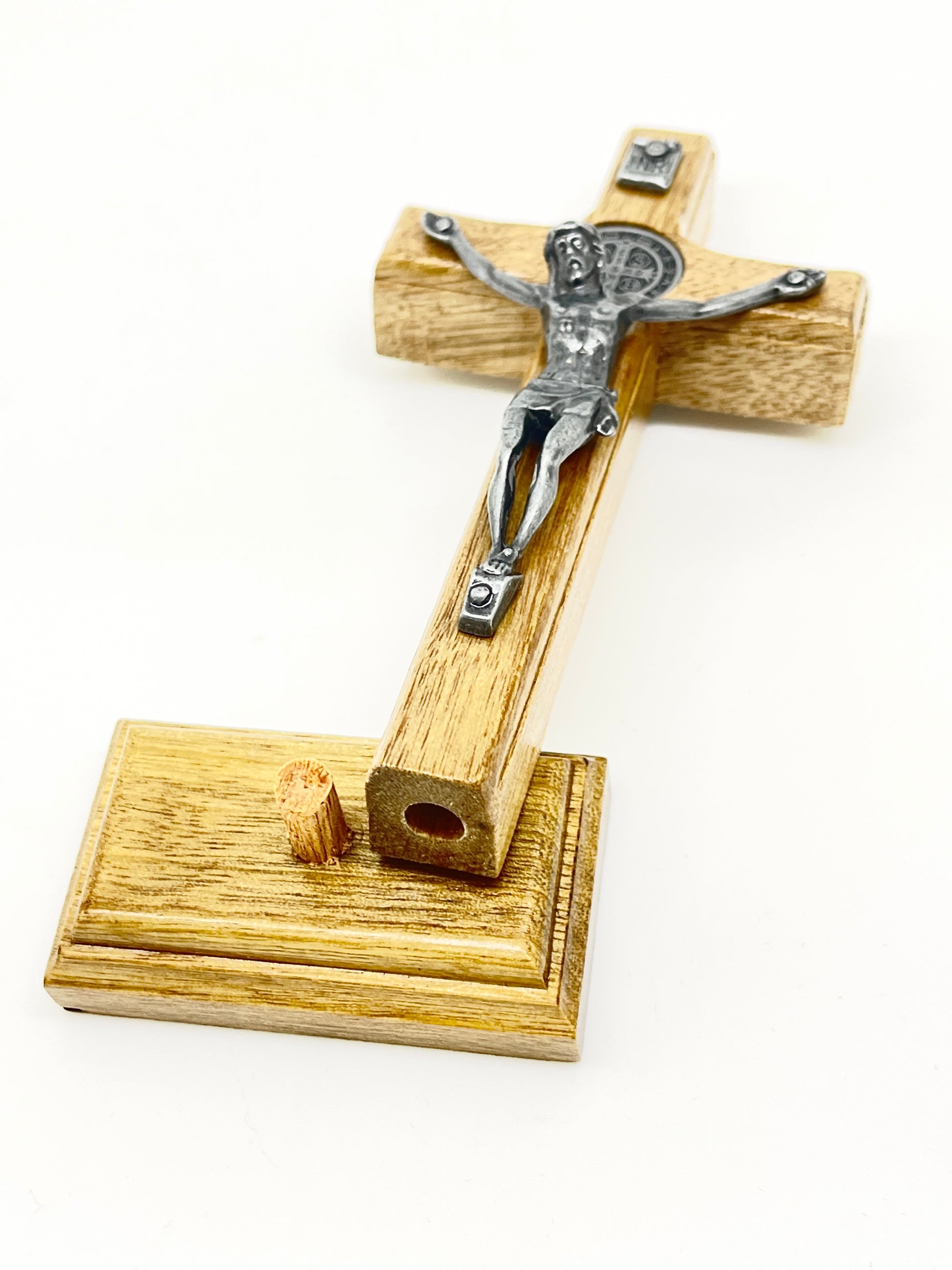 Wood and Antique Gold St. Benedict Standing Crucifix 5 1/2" - Unique Catholic Gifts
