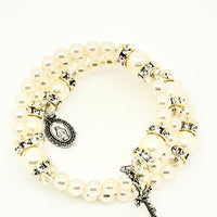 Pearl and Crystal Full Rosary Wired Wrap Bracelet 6MM - Unique Catholic Gifts