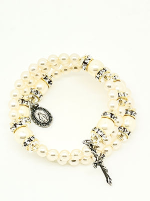Pearl and Crystal Full Rosary Wired Wrap Bracelet 6MM - Unique Catholic Gifts