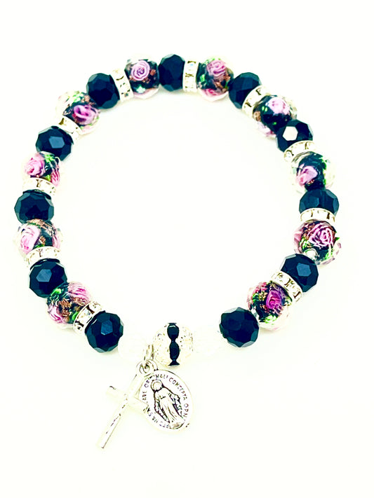Real Crystal Black Floral Rosary Bracelet - Unique Catholic Gifts