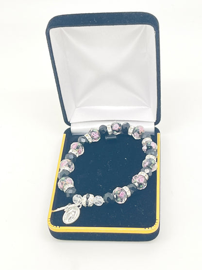 Real Crystal Black Floral Rosary Bracelet - Unique Catholic Gifts