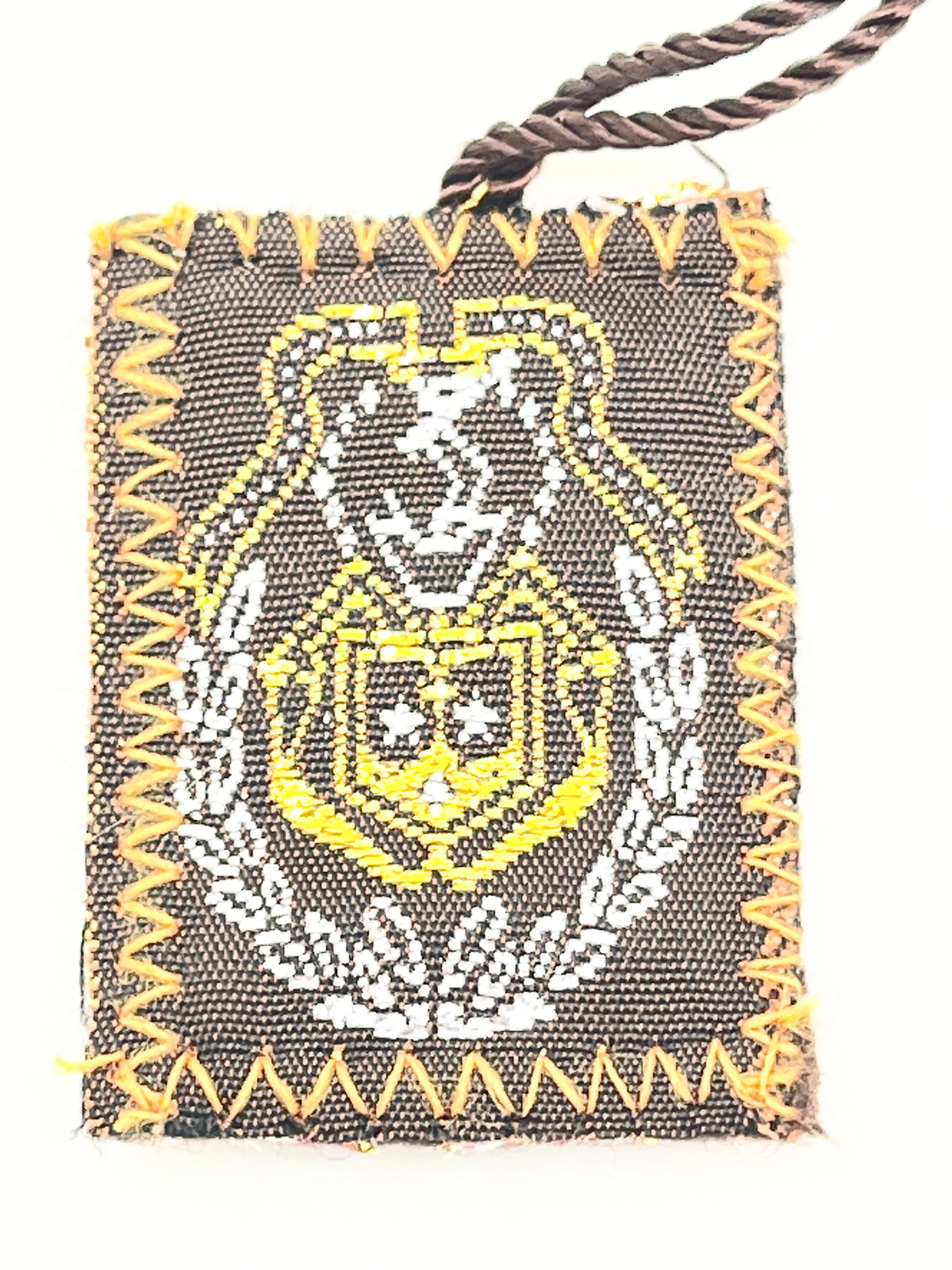 Brown scapular featuring Our Lady of Mount Carmel with Crown of Mary design, 1 1/2 by 1 inch size.