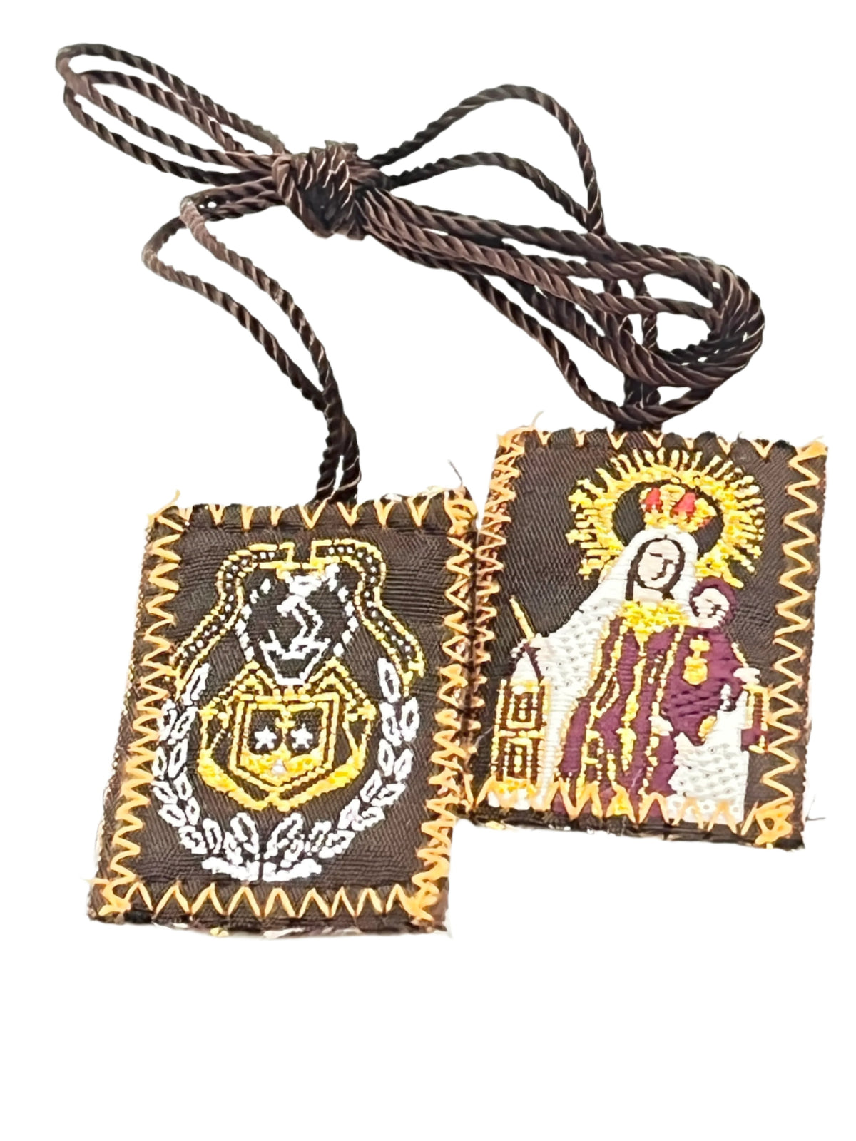 Brown scapular with embroidered Our Lady of Mount Carmel and Crown of Mary, 1 1/2 by 1 inch size