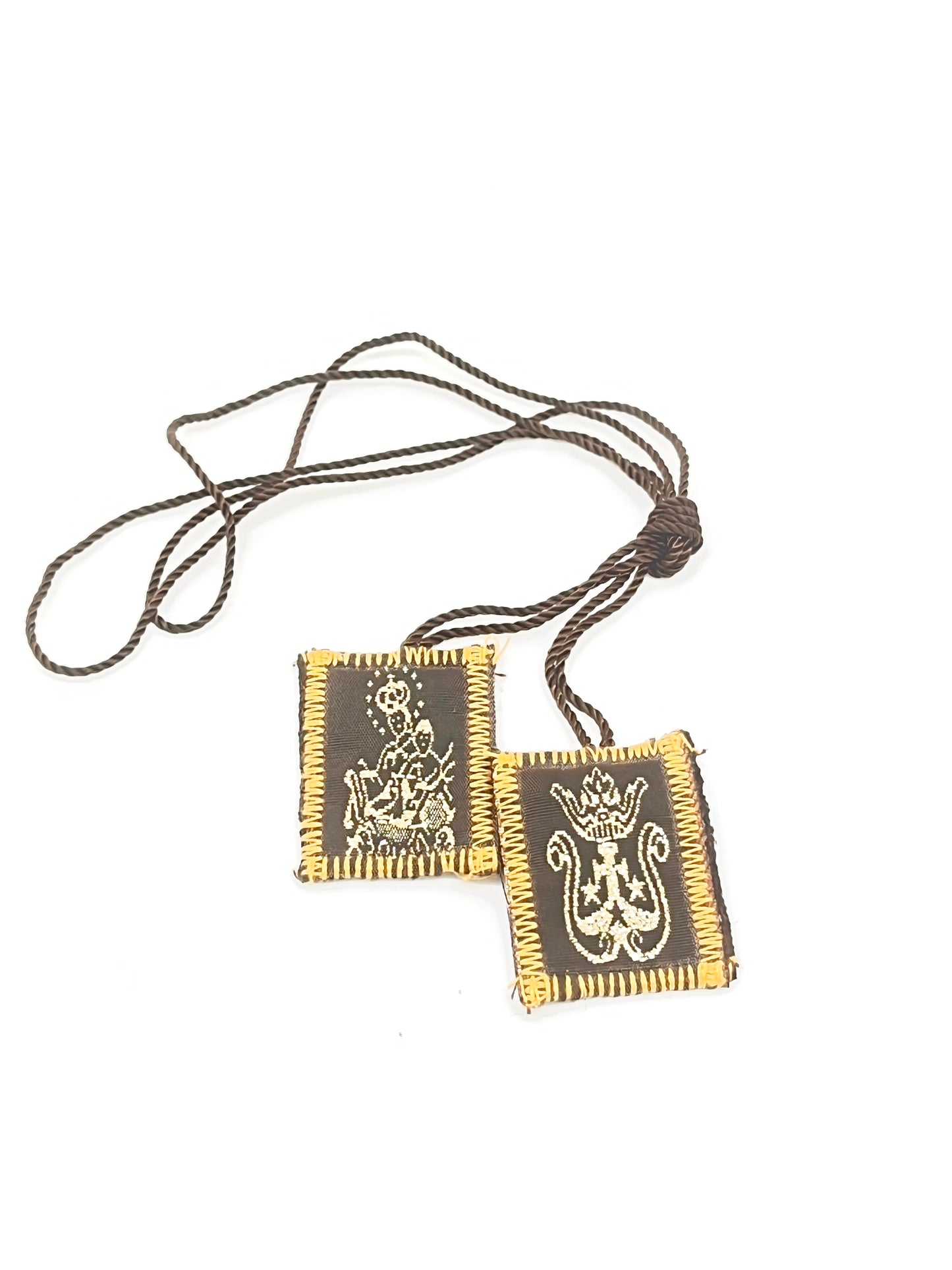 Brown scapular with wool embroidered panels depicting Our Lady of Mount Carmel, 1 1/2 inch devotional garment.