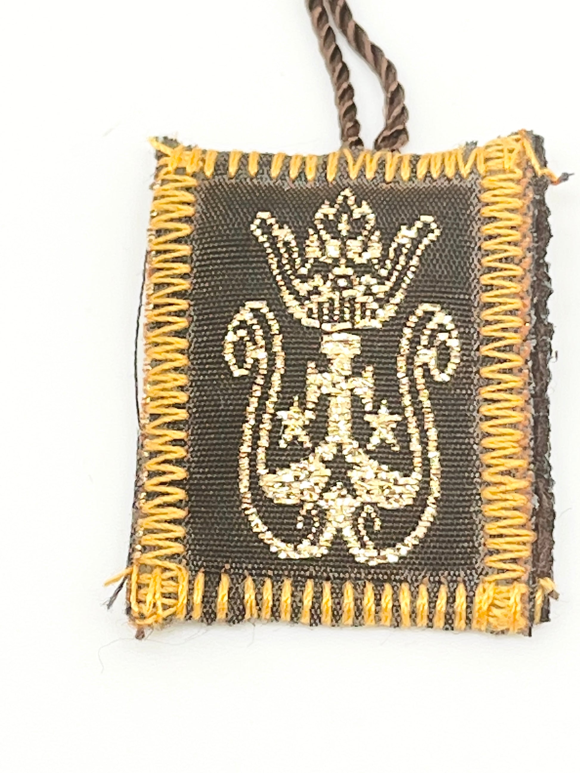Brown 1 1/2 inch scapular with wool embroidered Our Lady of Mount Carmel design and gold stitched border