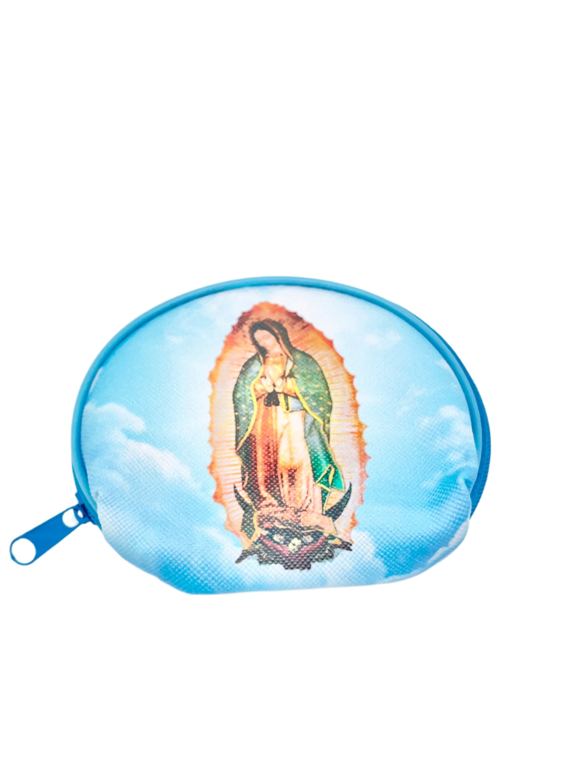 Round blue rosary pouch featuring Our Lady of Guadalupe image with zipper closure for secure storage and transport.