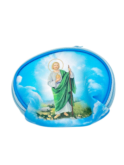 Large Saint Jude rosary pouch in blue with detailed saint image and secure zipper closure for rosary storage.