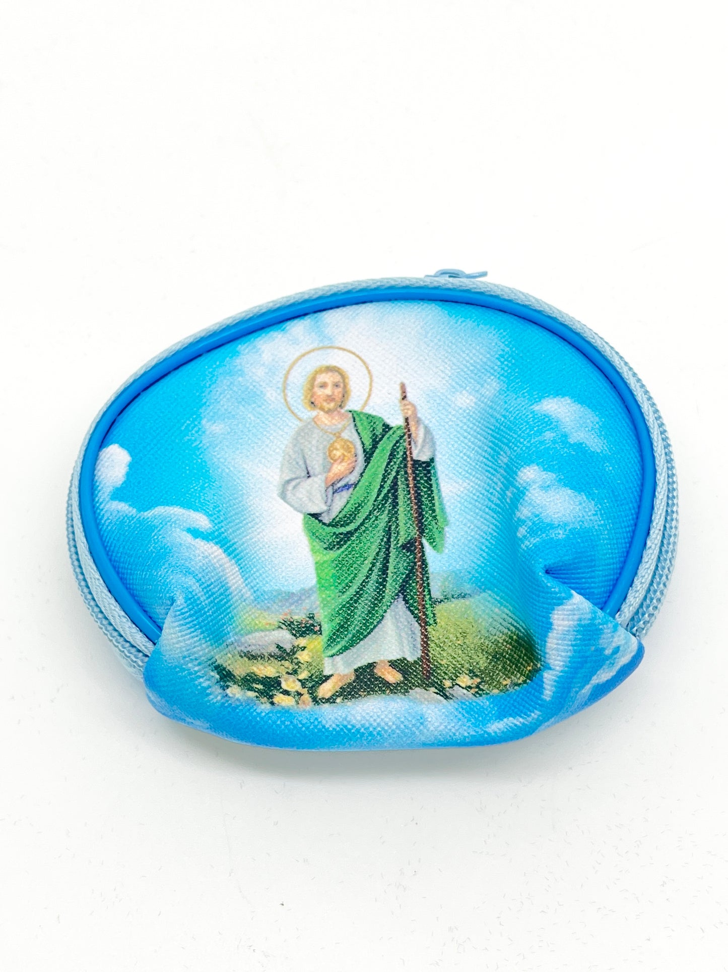 Compact Saint Jude rosary pouch in blue with a detailed image of Saint Jude and zipper closure for secure storage