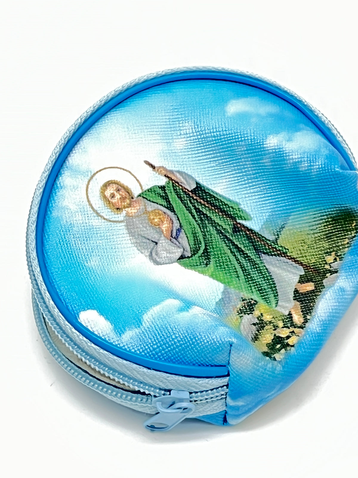 Round Saint Jude rosary pouch in blue with zipper closure and detailed religious image on front, 2 1/2 inches diameter.