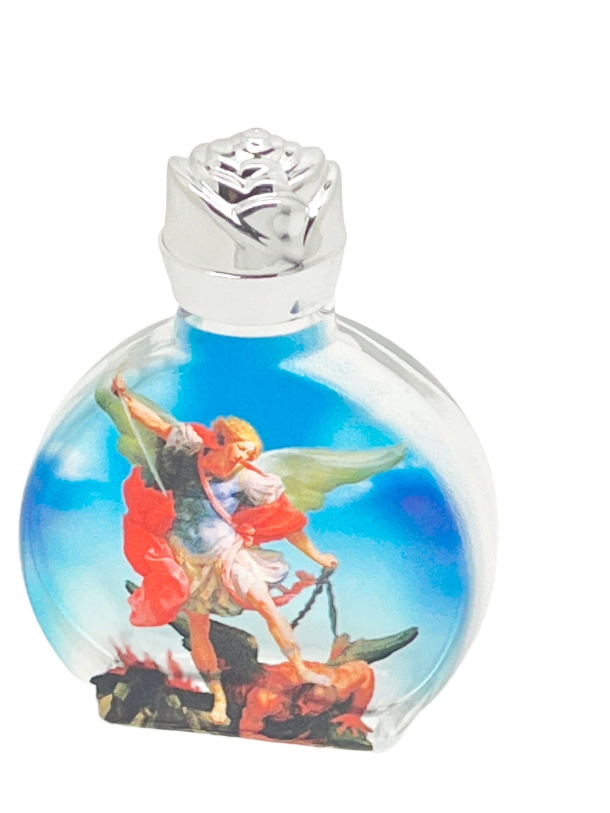 Glass holy water bottle featuring Saint Michael the Archangel with silver rose cap, holding spear over defeated devil design