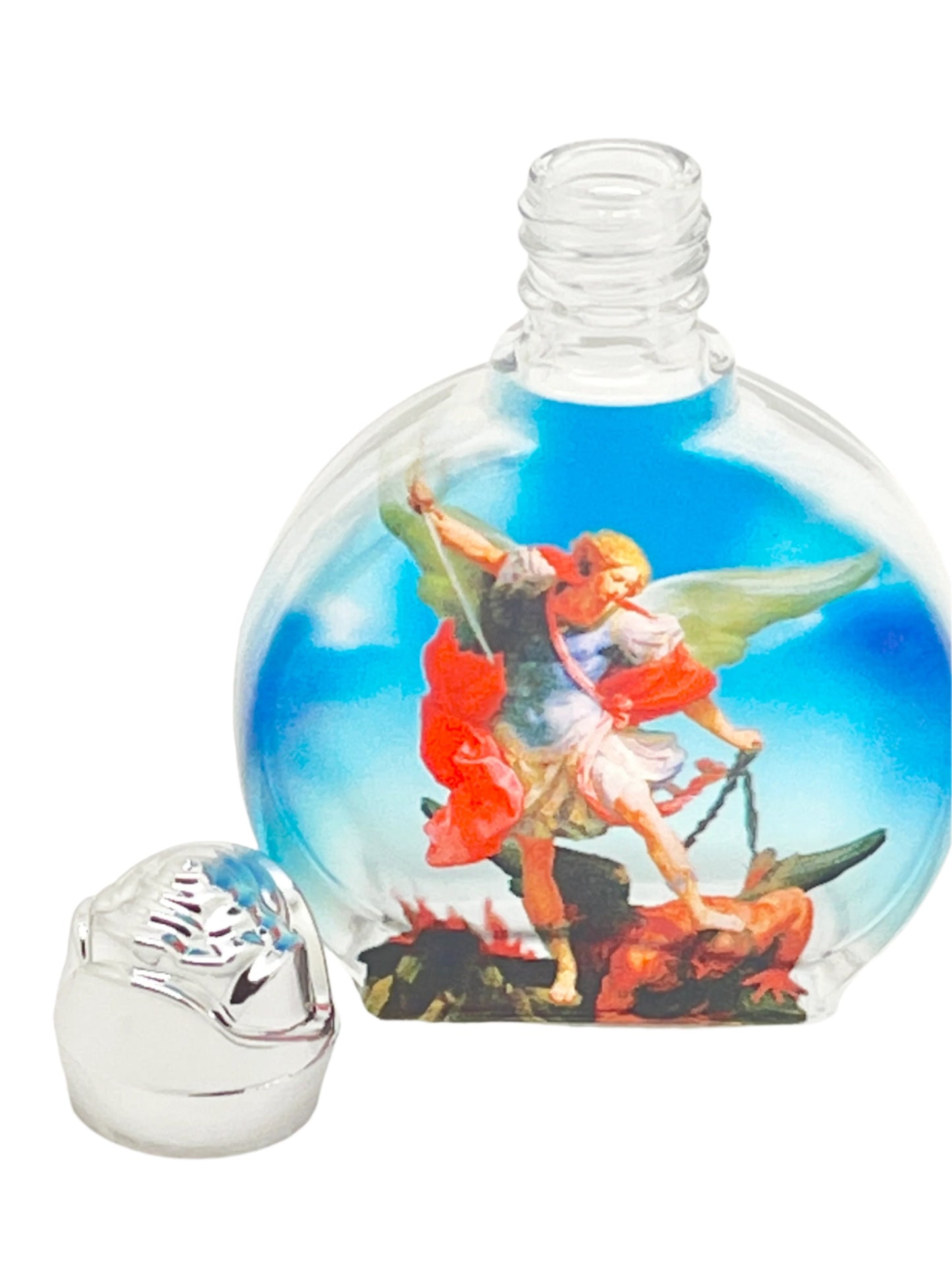 Saint Michael Glass Holy Water Bottle with colorful archangel image and removable silver-tone cap, nearly 1 oz capacity.
