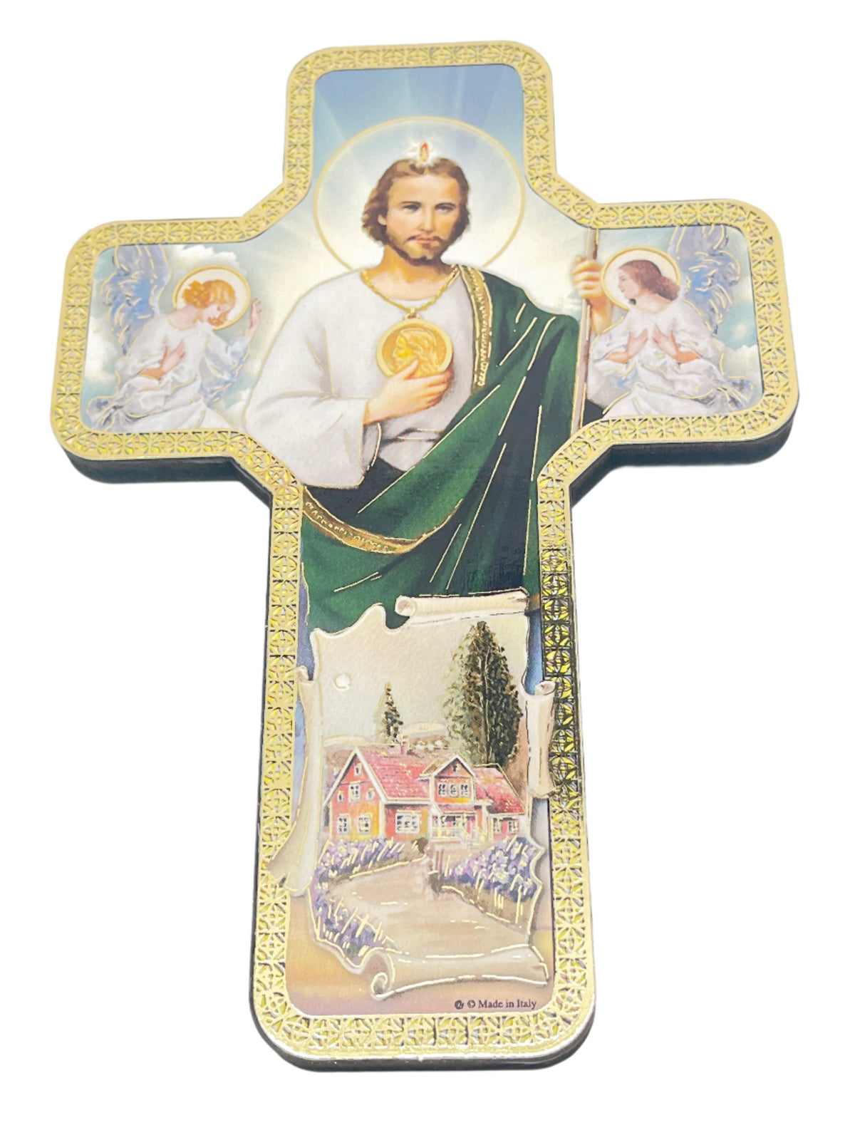 Saint Jude Home Blessing Crucifix 7 inches with angels and house scene on wood composite material.