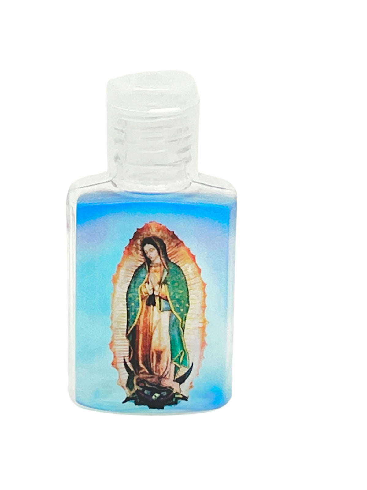 1 oz plastic holy water bottle featuring Our Lady of Guadalupe with vibrant blue background and clear screw cap