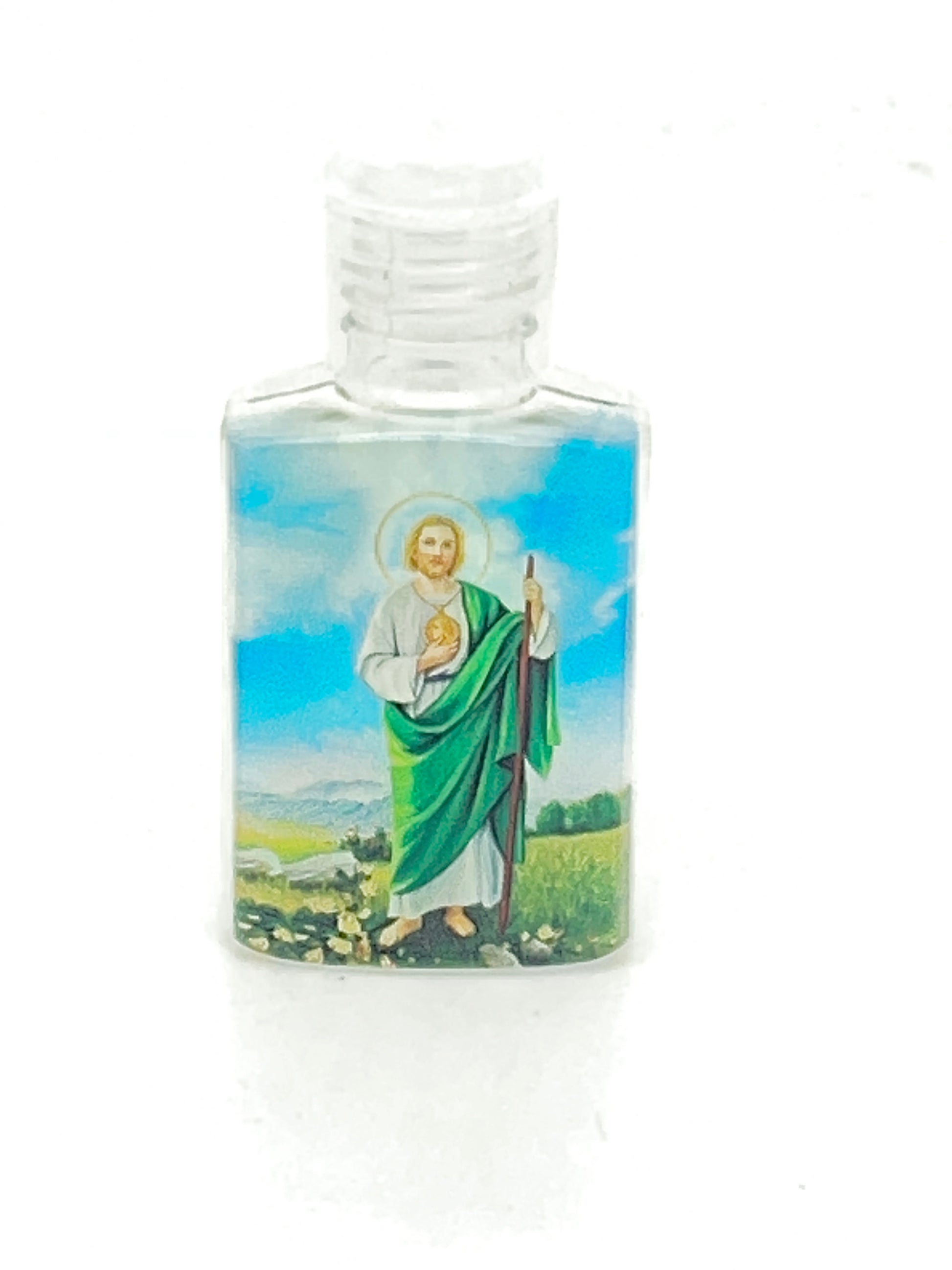 St. Jude holy water bottle plastic 1 oz with colorful saint image and clear screw cap for easy use and refill