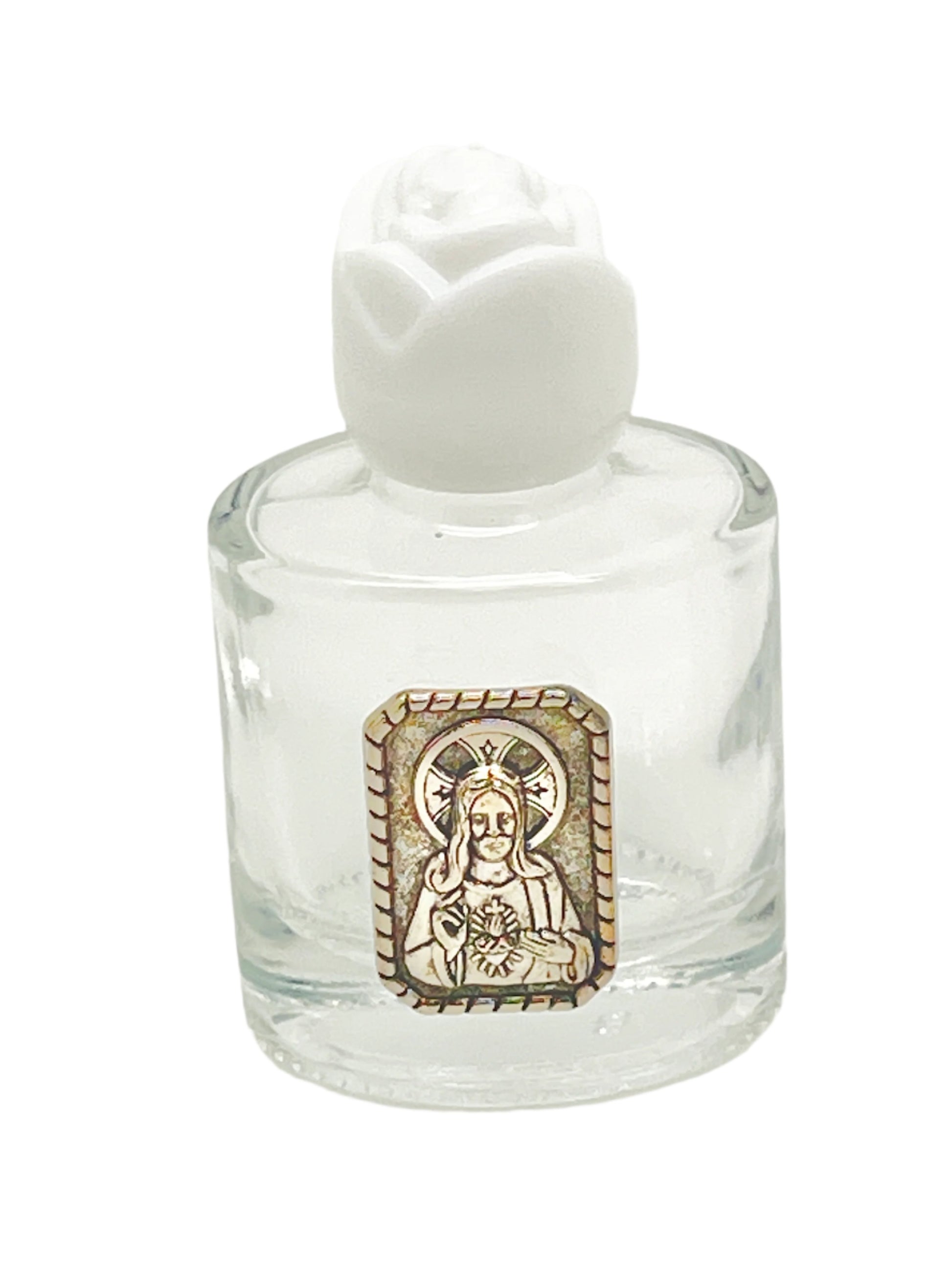 Glass holy water bottle 2.25 inches tall with Sacred Heart of Jesus image and white rose-shaped cap.