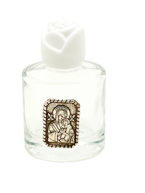 Glass holy water bottle 2.25 inches tall with Our Lady of Perpetual Help image and white rose-shaped cap