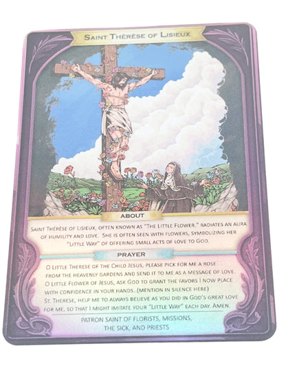Saint Thérèse of Lisieux holographic prayer card with hand-drawn design, protective case, and detailed devotional text.