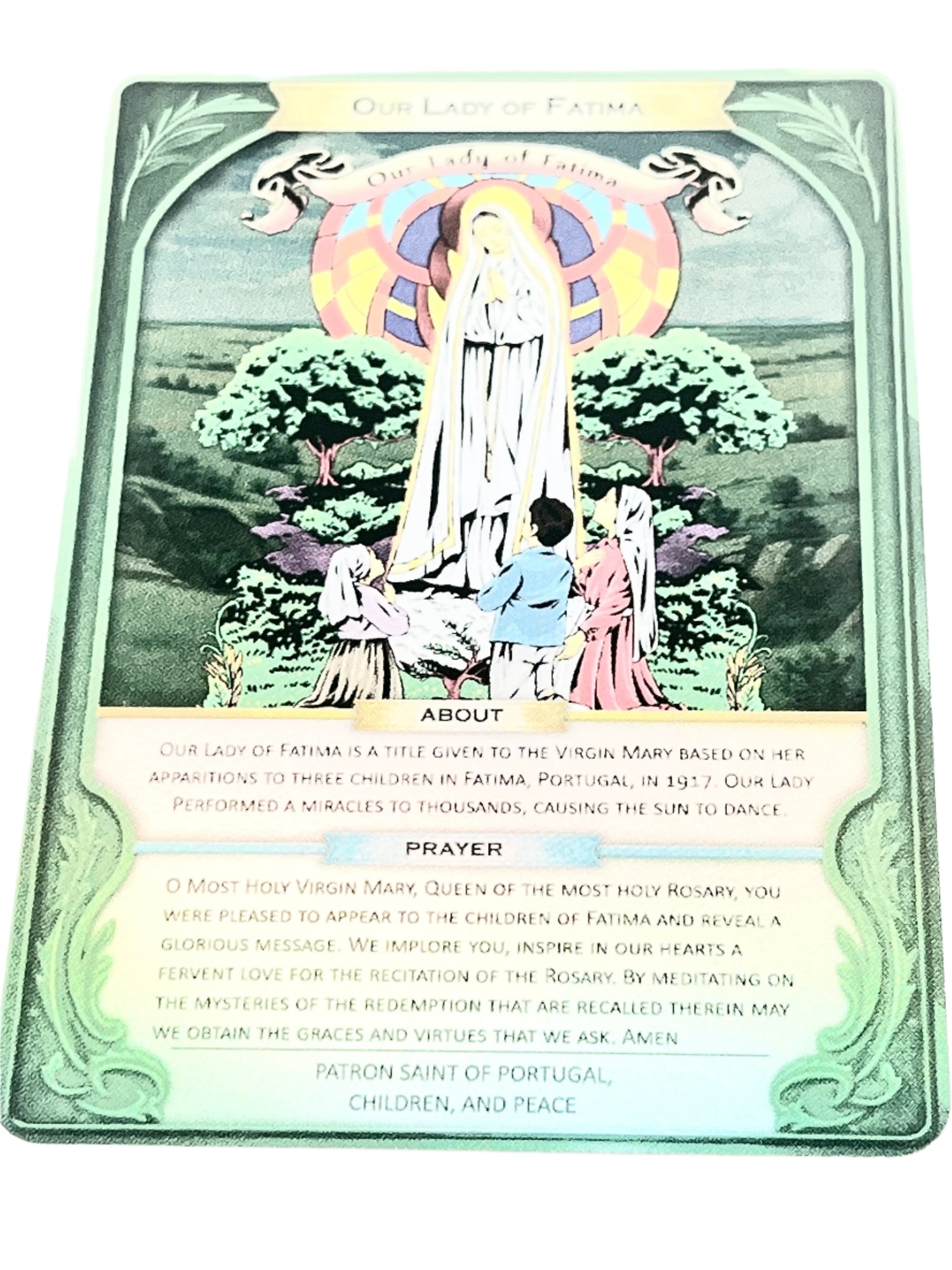 Our Lady of Fatima holographic prayer card with hand-drawn design, protective plastic case and sleeve packaging