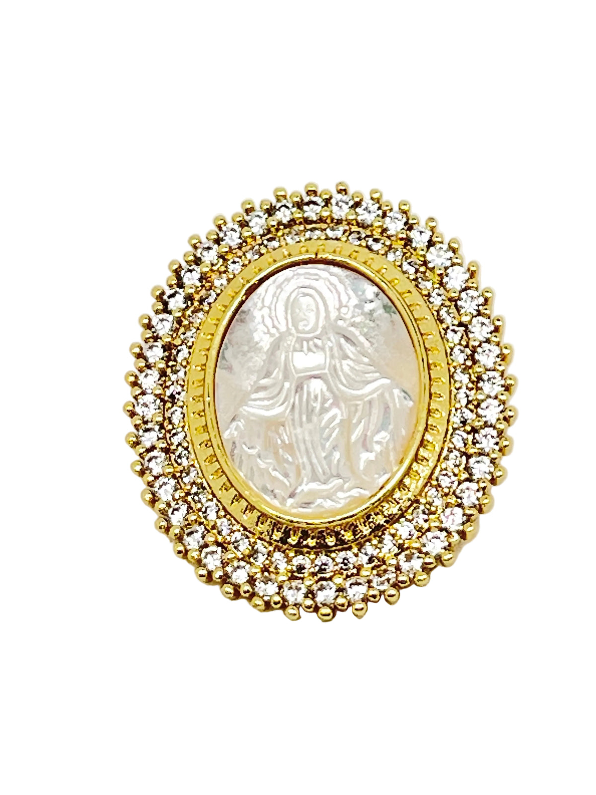 Oval gold pin featuring Our Lady of Grace with natural shell center and double row of clear stones around edge.