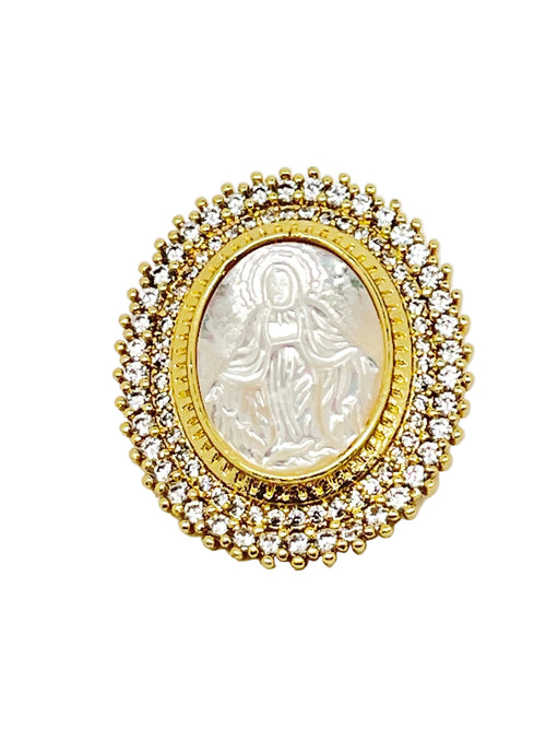 Oval gold pin featuring Our Lady of Grace with natural shell center and double row of clear stones around edge.