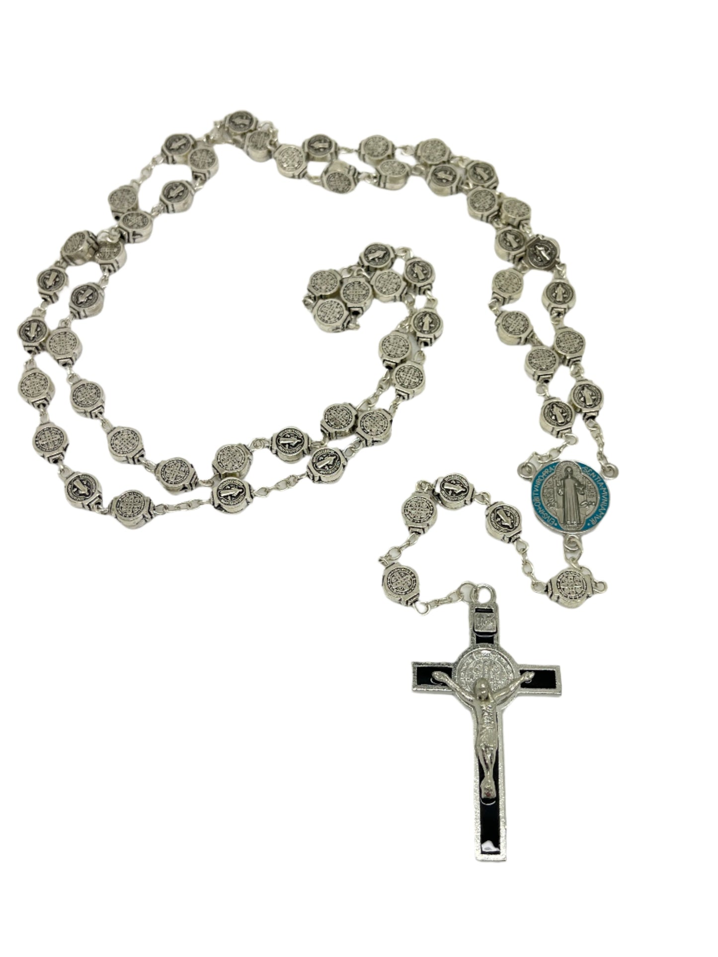 23" silver St. Benedict rosary with detailed medals, color-splashed centerpiece, and black enamel Benedict crucifix