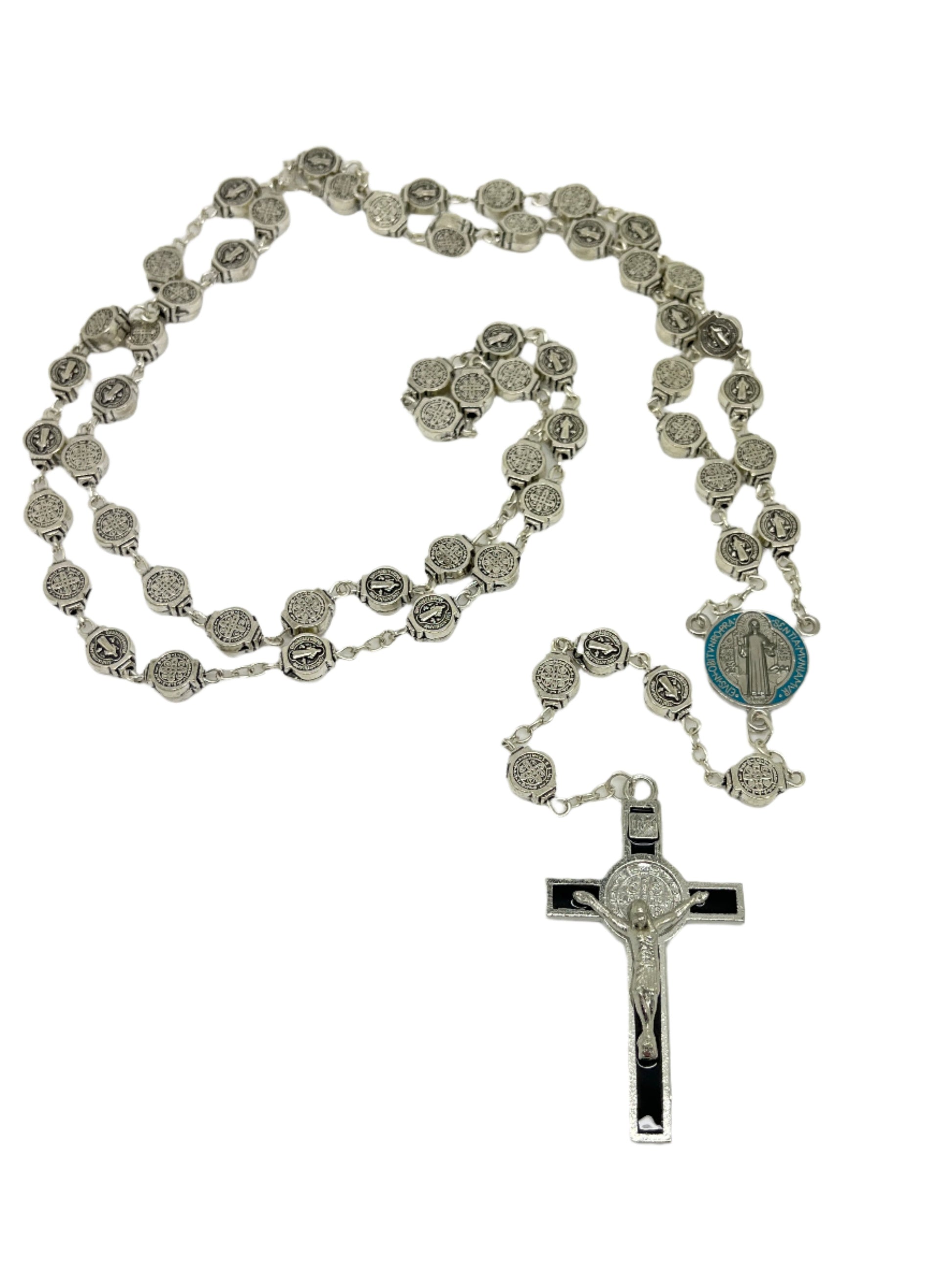 23" silver St. Benedict rosary with detailed medals, color-splashed centerpiece, and black enamel Benedict crucifix