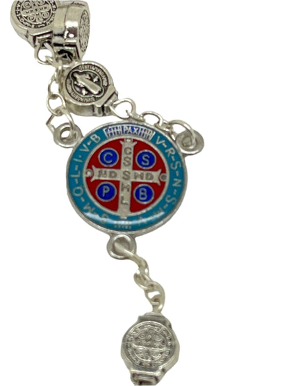 Colorful St. Benedict Rosary featuring silver medals with a vibrant red and blue enamel centerpiece medal detail