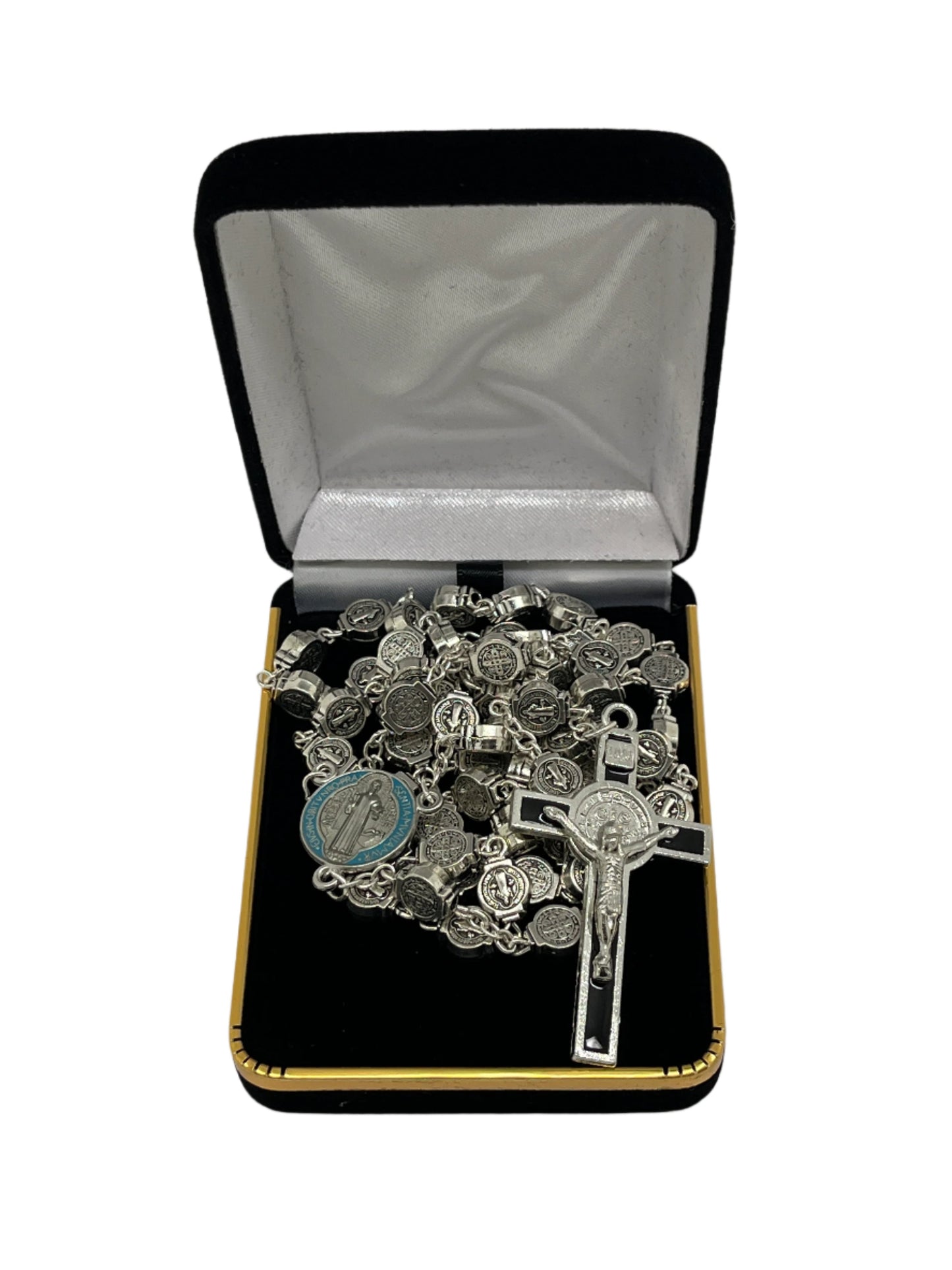 23" St. Benedict Rosary with silver medals, color centerpiece, black enamel and silver crucifix in black velvet box