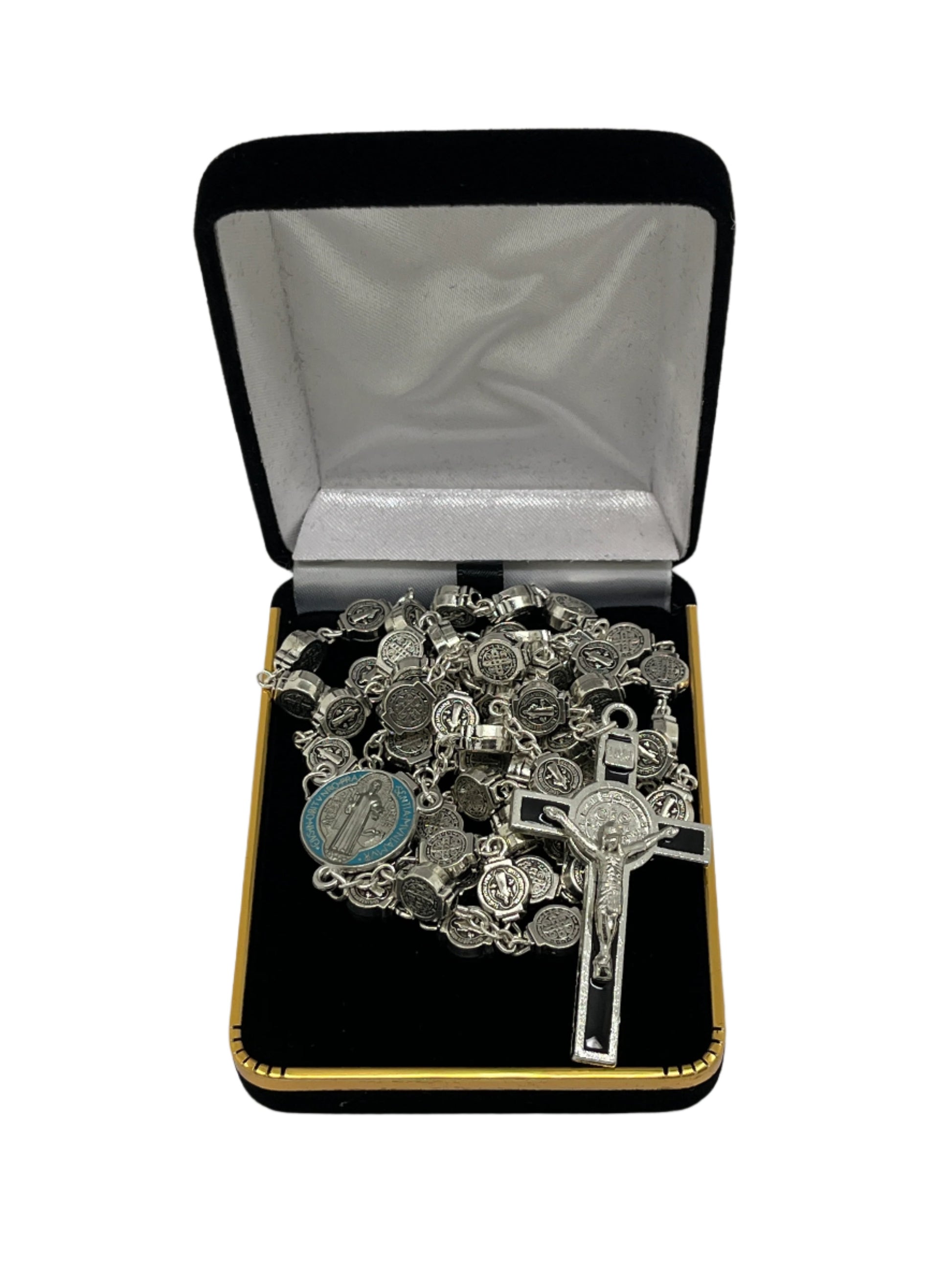 23" St. Benedict Rosary with silver medals, color centerpiece, black enamel and silver crucifix in black velvet box