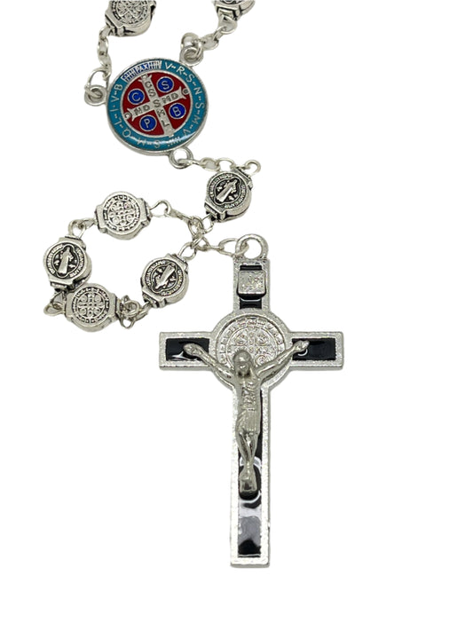 Colorful St. Benedict Rosary with silver medals, black enamel crucifix, and vibrant blue centerpiece medal, 23 inches long