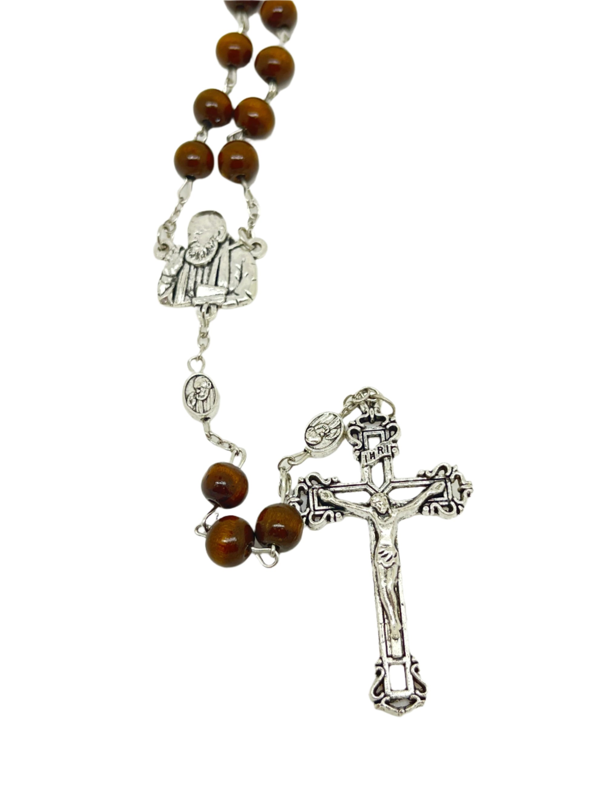 Padre Pio brown wood rosary with 8mm beads, silver crucifix, Padre Pio centerpiece and Our Father bead, 22 inches long