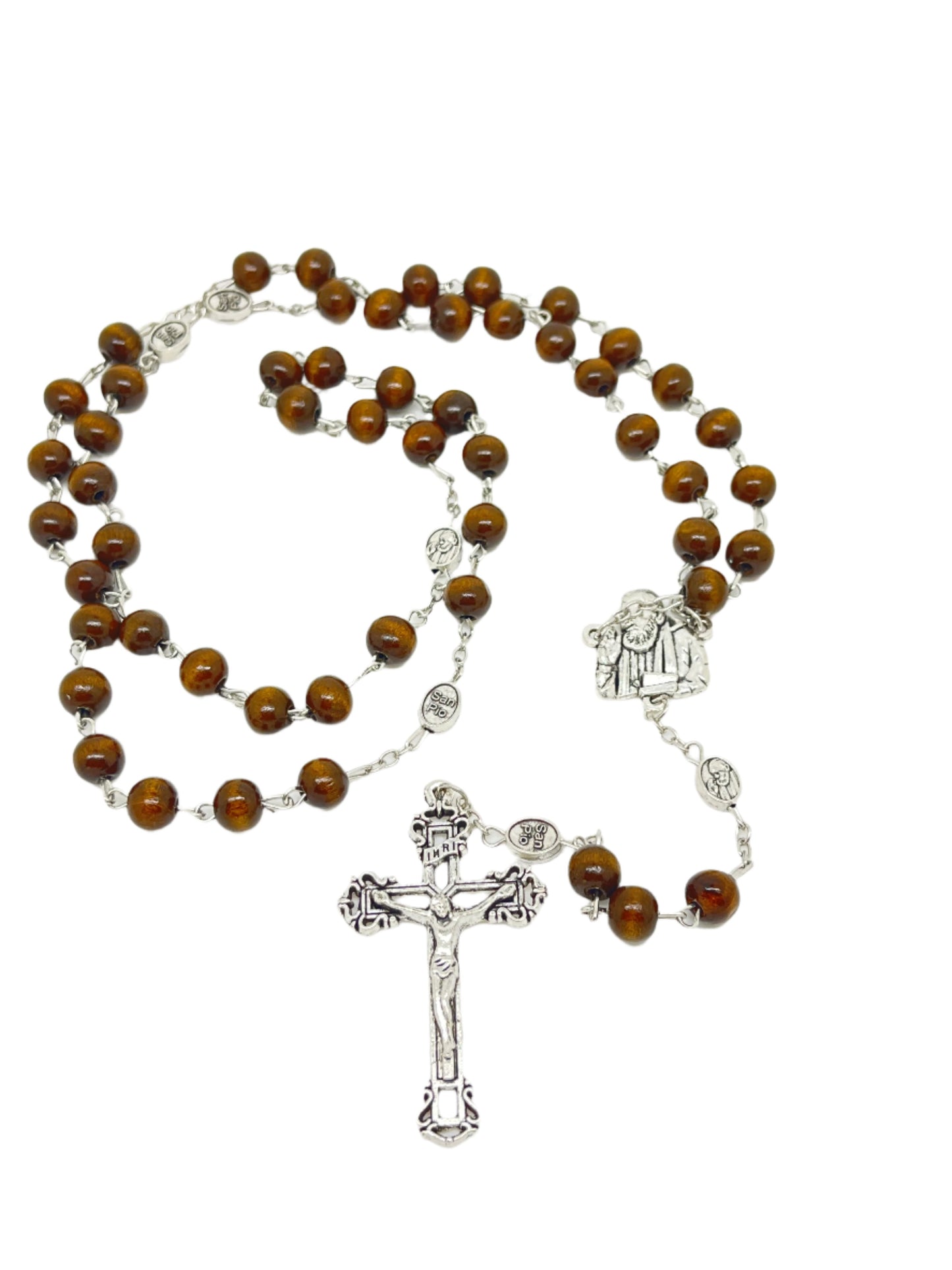 Padre Pio brown wood rosary with silver accents, 8mm beads, Padre Pio centerpiece, and silver crucifix, 22 inches long.