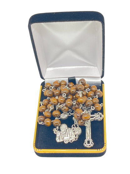 22" Padre Pio brown wood rosary with silver bust centerpiece, Our Father bead, matching crucifix, and black velvet gift box